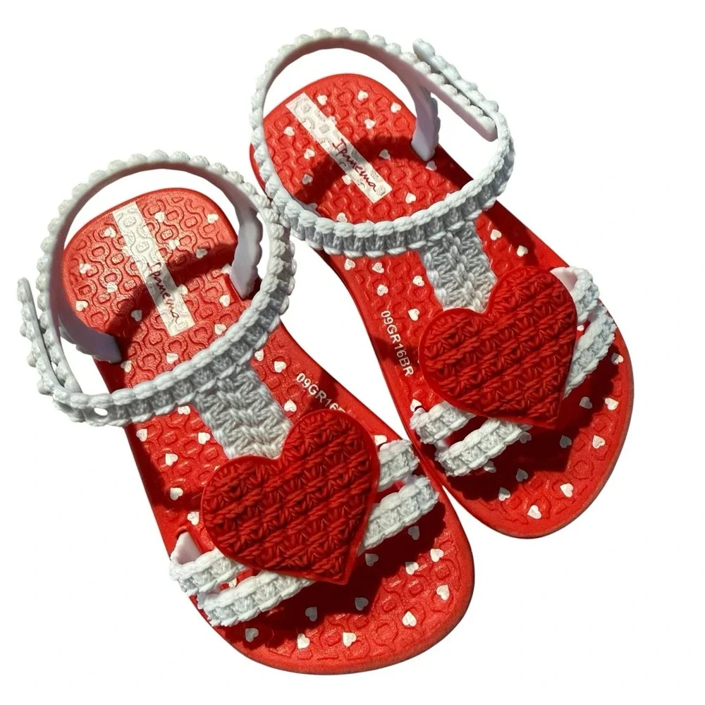Ipanema Grendene Red White Heart Print Ankle Strap Sandals Infant Girls 6 Brazil